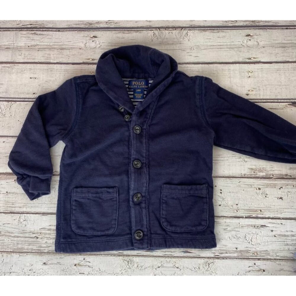 Ralph Lauren boy's Navy shawl neck button up sweater with pockets size 24 months